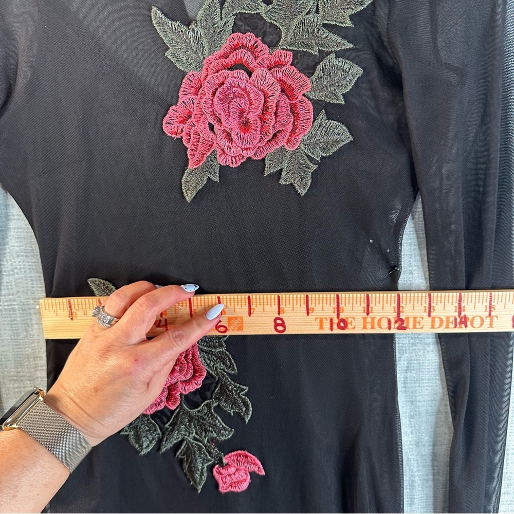 Love J Black Mesh Mini Dress Long Sleeve Pink Rose Embroidery Mock Neck Small - Picture 13 of 16